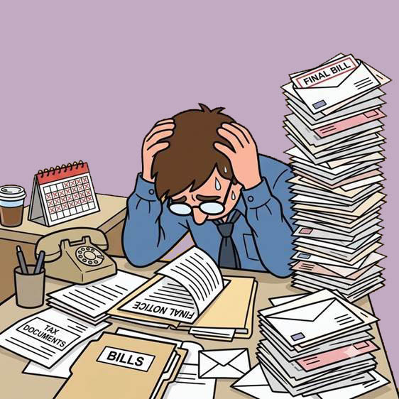 A business owner under pressure from a desk full of unopened bills, tax documents, and final notices.