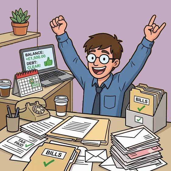 A relieved business owner at a clear desk, tax paid and bills settled, debt balance showing clear.